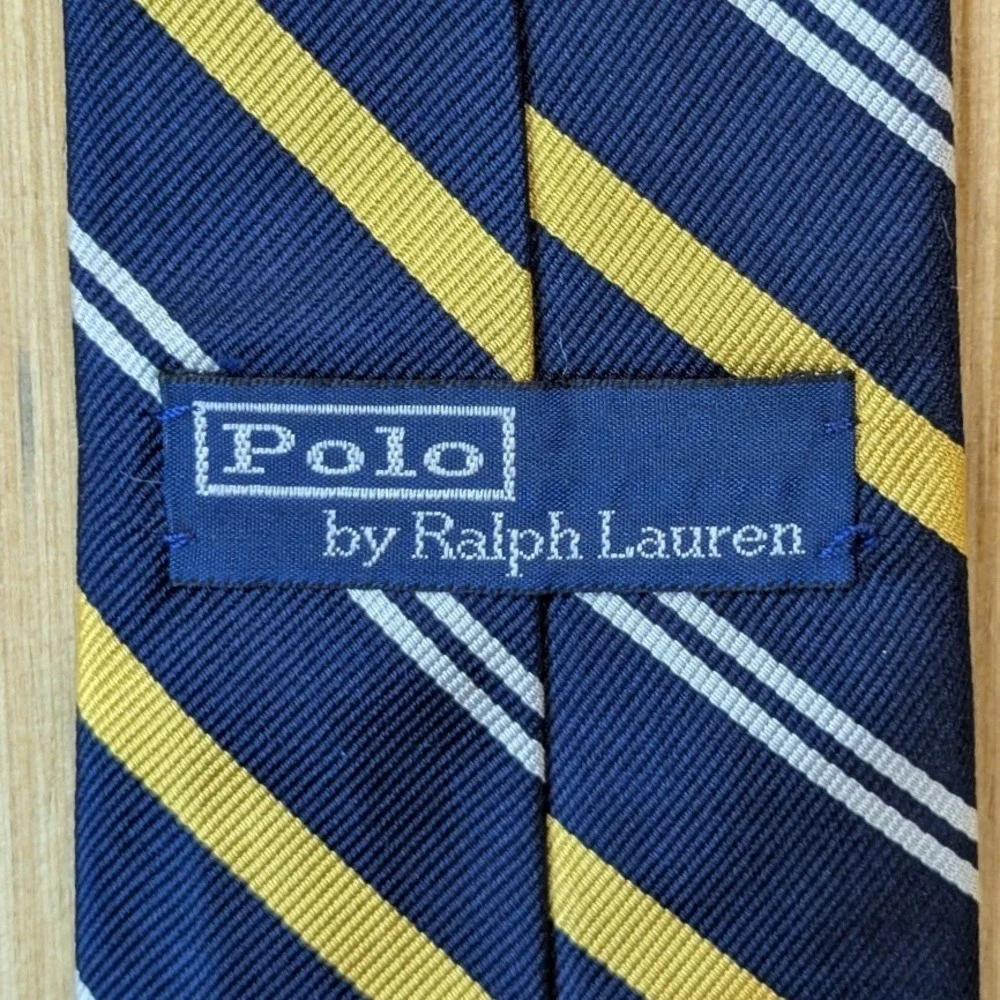 Polo Ralph Lauren Mens Silk Tie Navy Blue Yellow Striped Hand Made in Italy